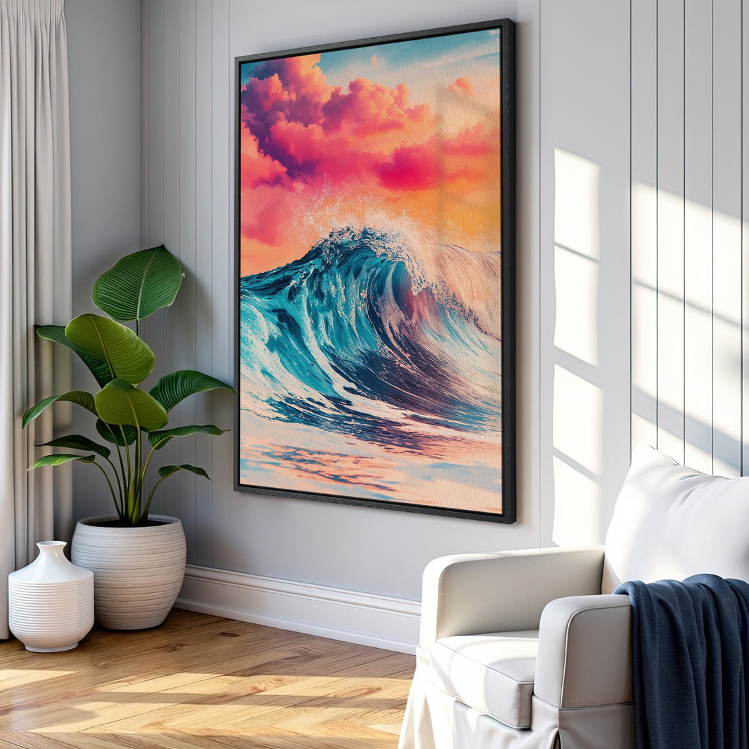 Framed Wall Art: Stunning wave art canvas print with vibrant blues, pinks, and oranges. Coastal decor perfect for any room. Bring the ocean home!