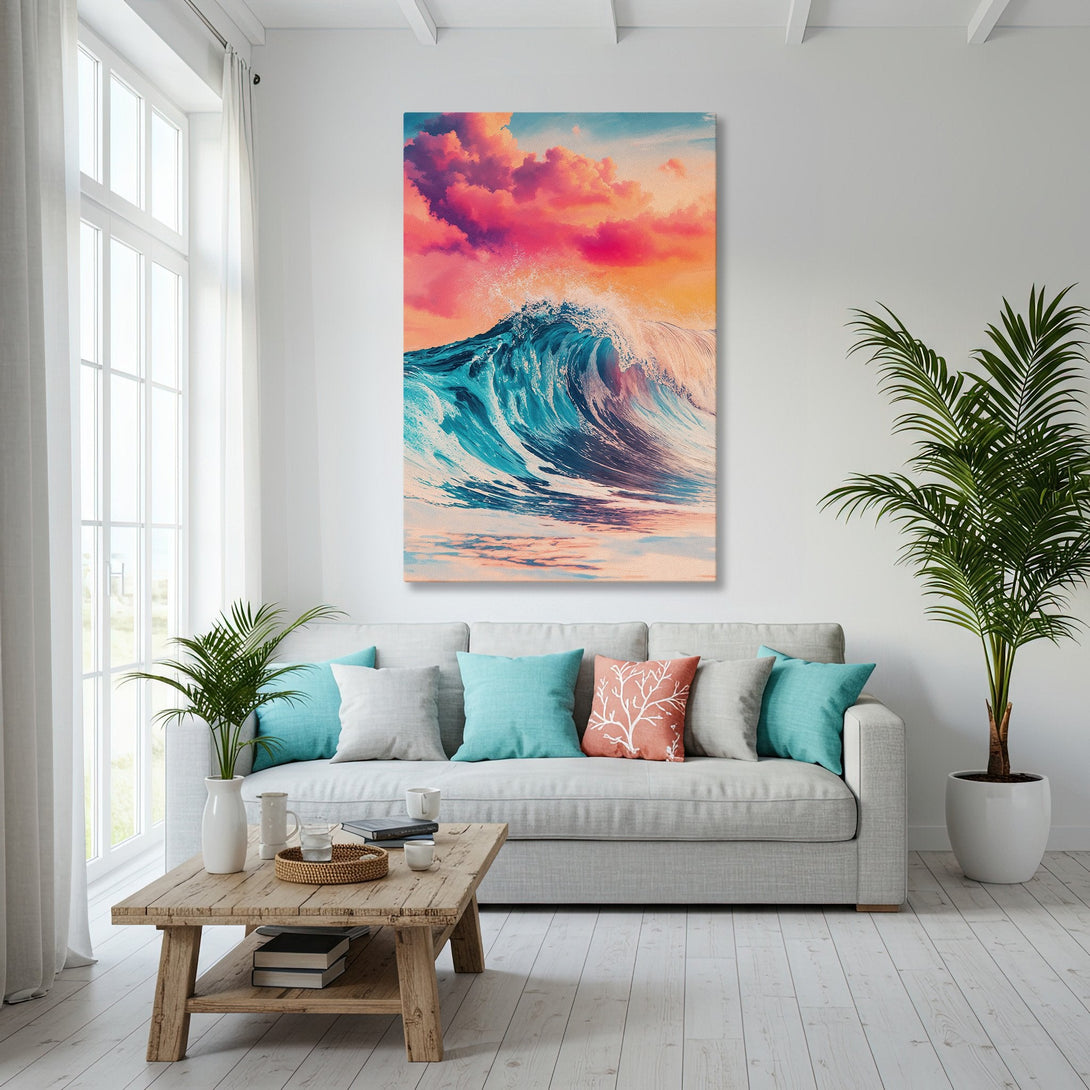 Framed Wall Art featuring a vibrant ocean wave, perfect for coastal decor. Colorful sunset palette adds a touch of serenity to any space.