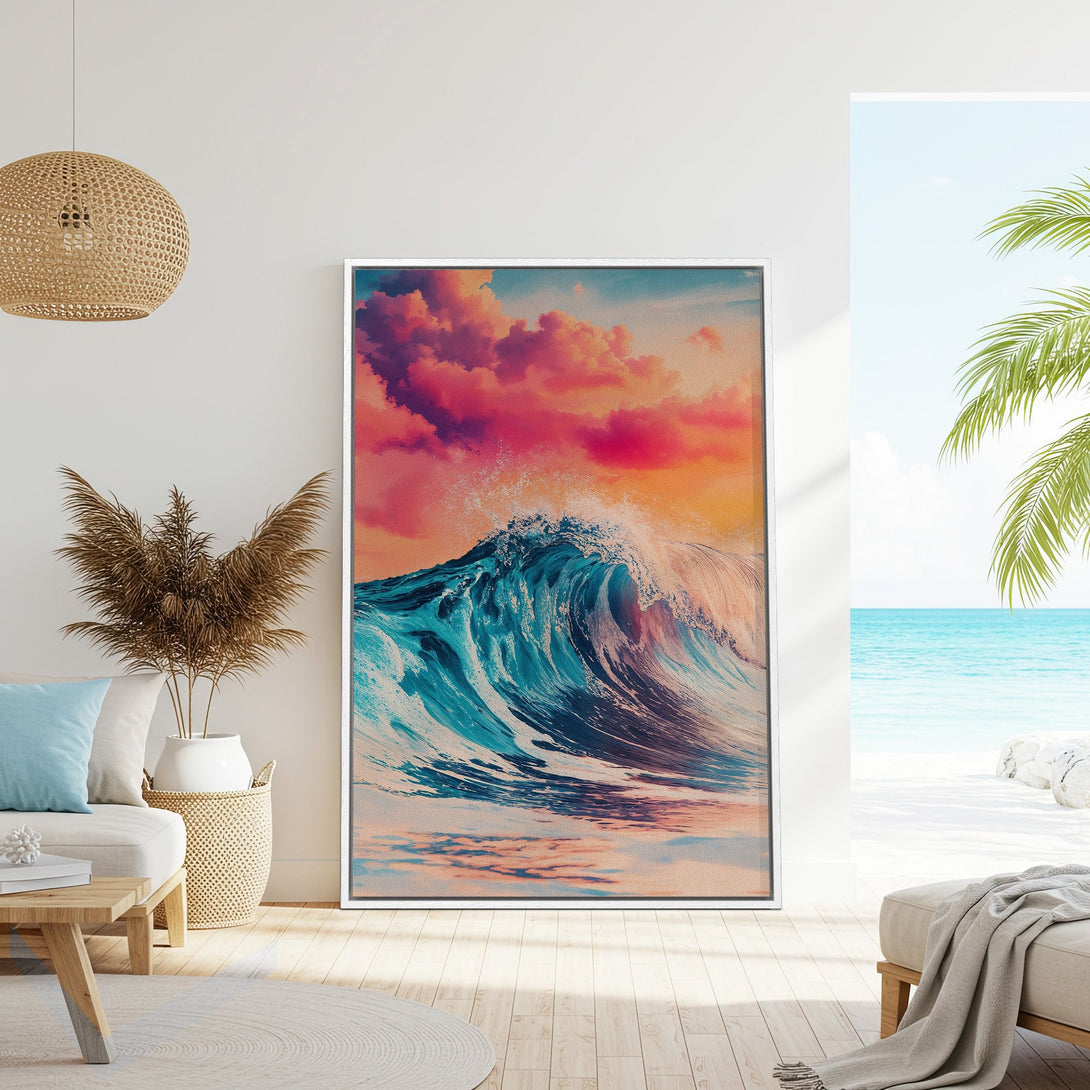 Framed Wall Art: Stunning wave art in vibrant blues, pinks, and oranges. Coastal-inspired Canvas Print to elevate your space with a touch of the ocean.