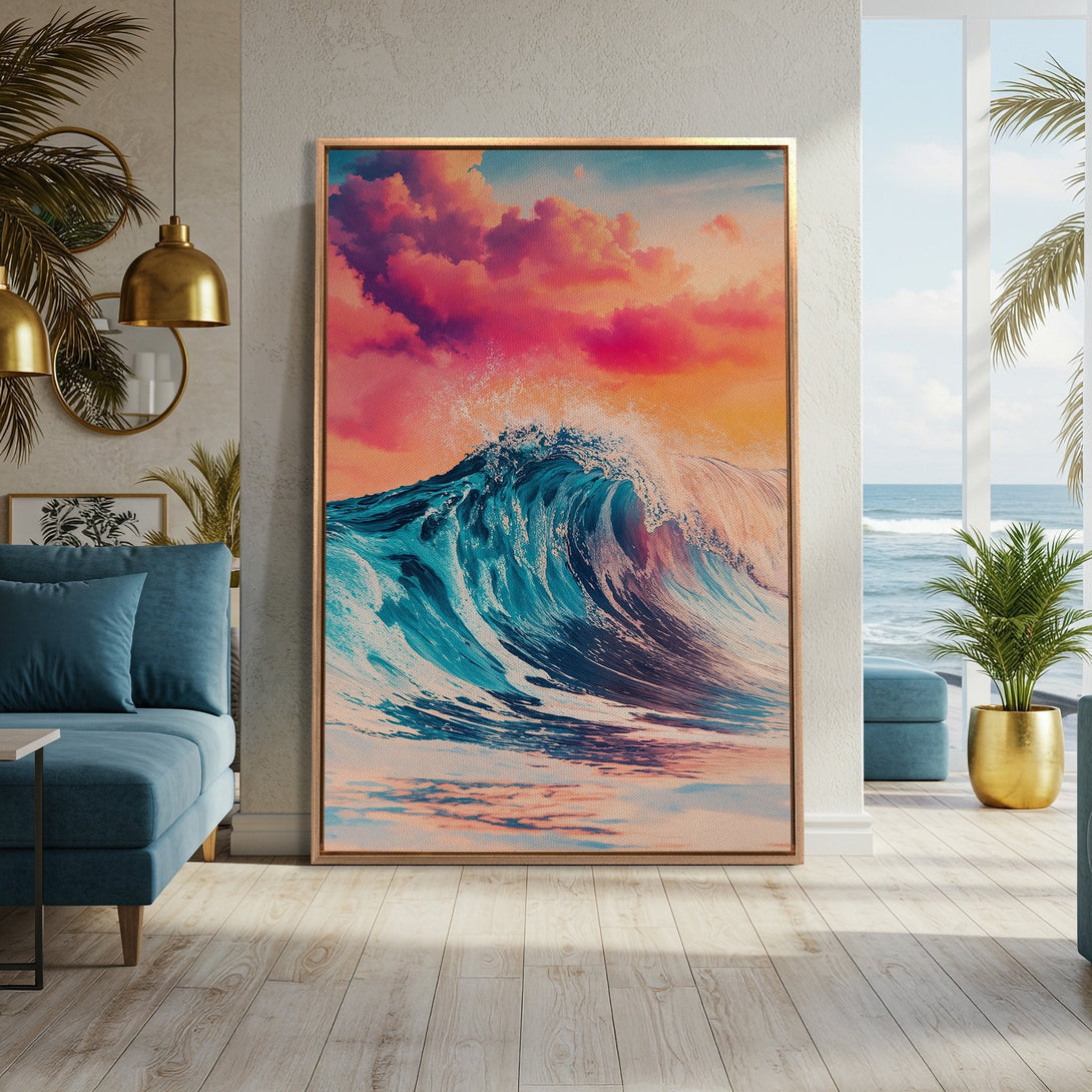 Framed Wall Art: Vibrant wave art in a modern style with a warm pink, orange, and turquoise color palette. Bring coastal vibes to your home!