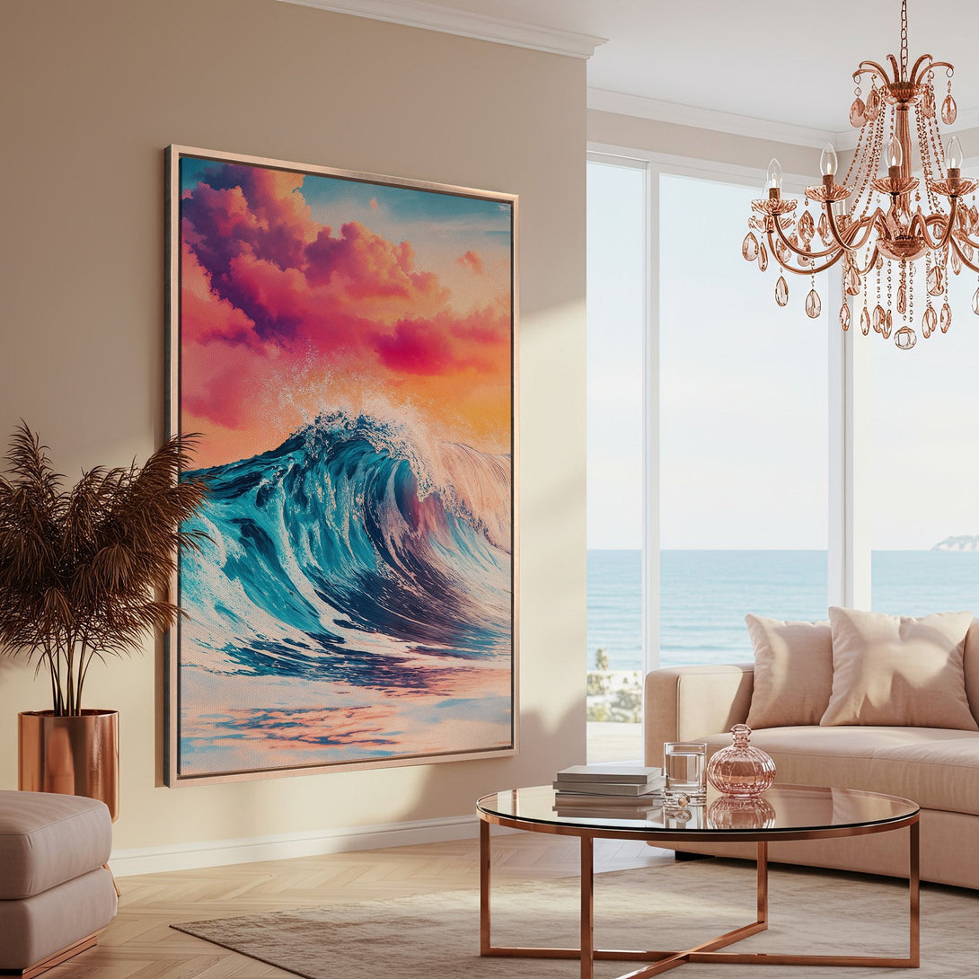 Framed Wall Art: Stunning wave art in vibrant teal, pink, and orange hues. Coastal-inspired canvas print adds a touch of elegance to any interior.