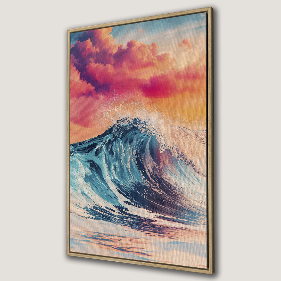 Framed Wall Art Canvas Print of a vibrant ocean wave with a sunset sky. Features a blue, orange, and pink color palette, perfect for coastal decor.