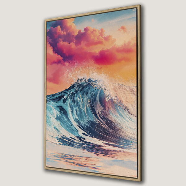Framed Wall Art Canvas Print of a vibrant ocean wave with a sunset sky. Features a blue, orange, and pink color palette, perfect for coastal decor.