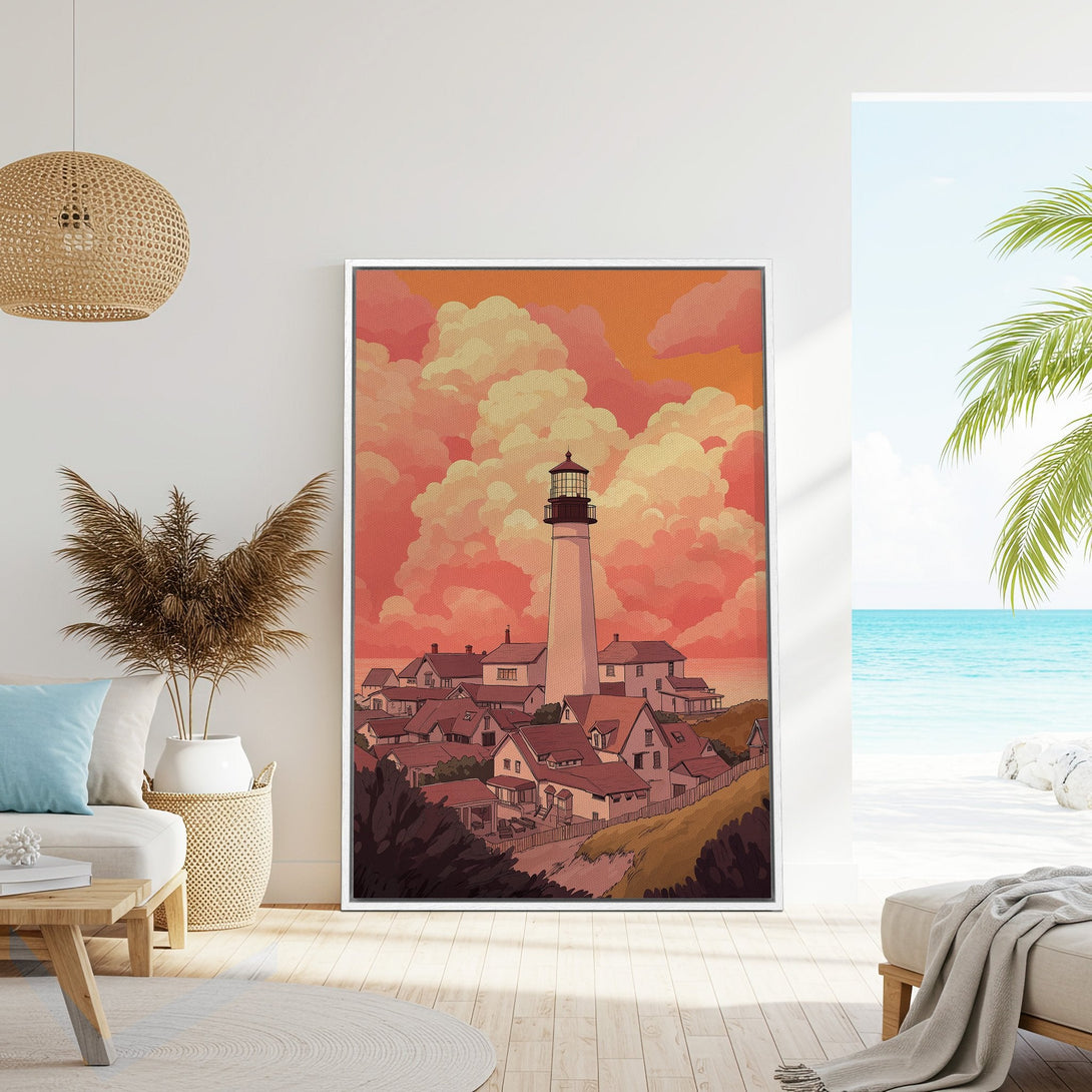 Framed Wall Art featuring a lighthouse scene in warm orange and red tones. Coastal style canvas print perfect for adding a touch of serenity to your home.