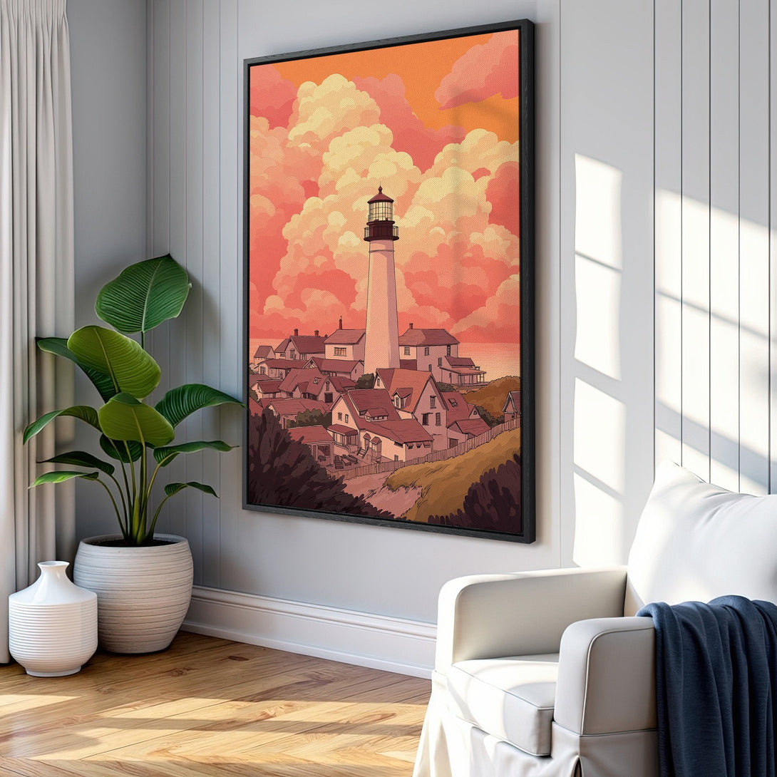 Framed Wall Art of a lighthouse landscape in a warm, sunset color palette. Perfect for adding a coastal vibe to your home decor.
