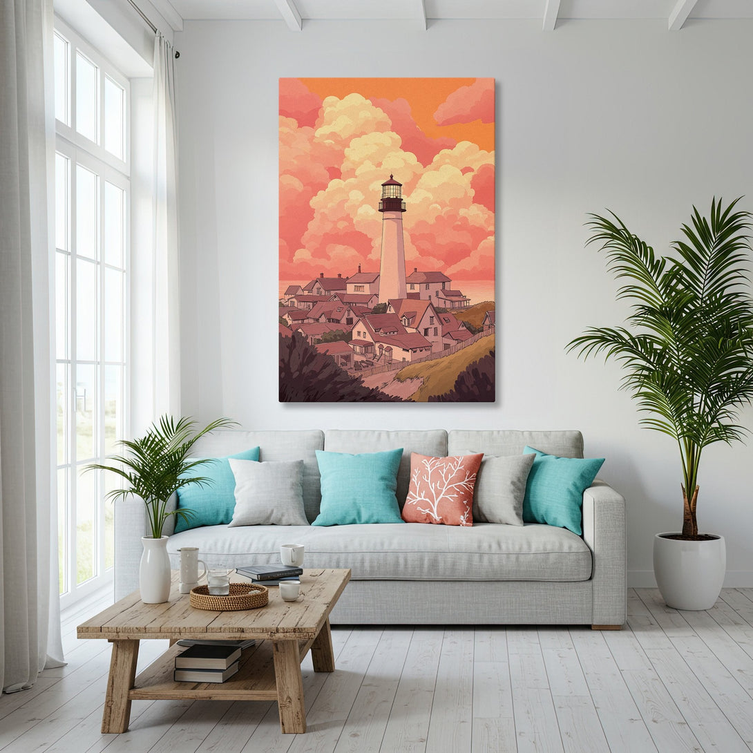Framed Wall Art featuring a lighthouse scene in warm tones. Coastal home decor with a calming, illustrated art style. Perfect for living room or bedroom.