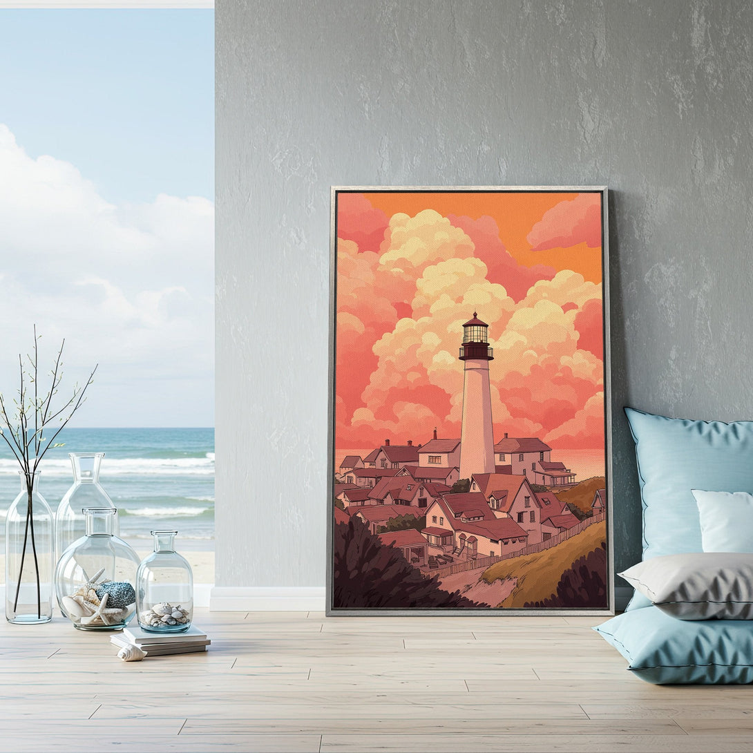 Framed Wall Art featuring a lighthouse scene in warm sunset colors. Coastal artwork perfect for adding a touch of serenity and style to your home decor.