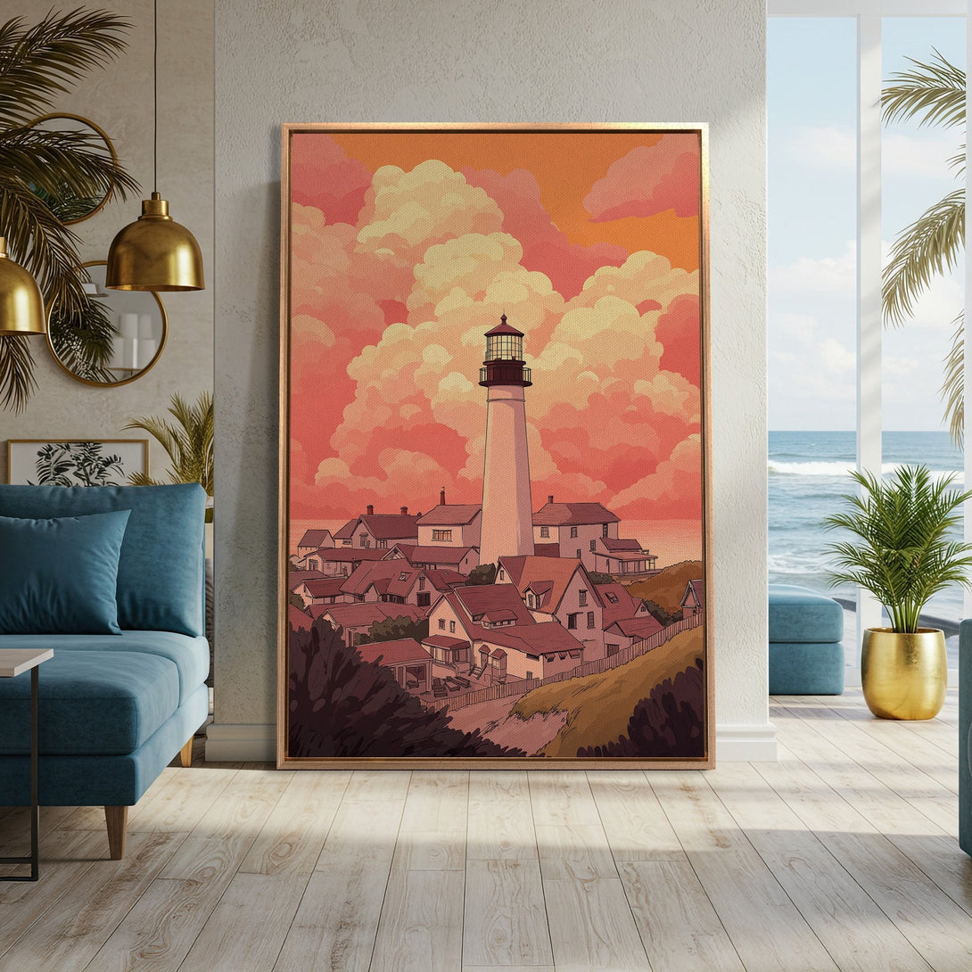 Framed Wall Art featuring a lighthouse and village scene in warm sunset colors. Coastal art print perfect for adding a touch of serenity to your home decor.