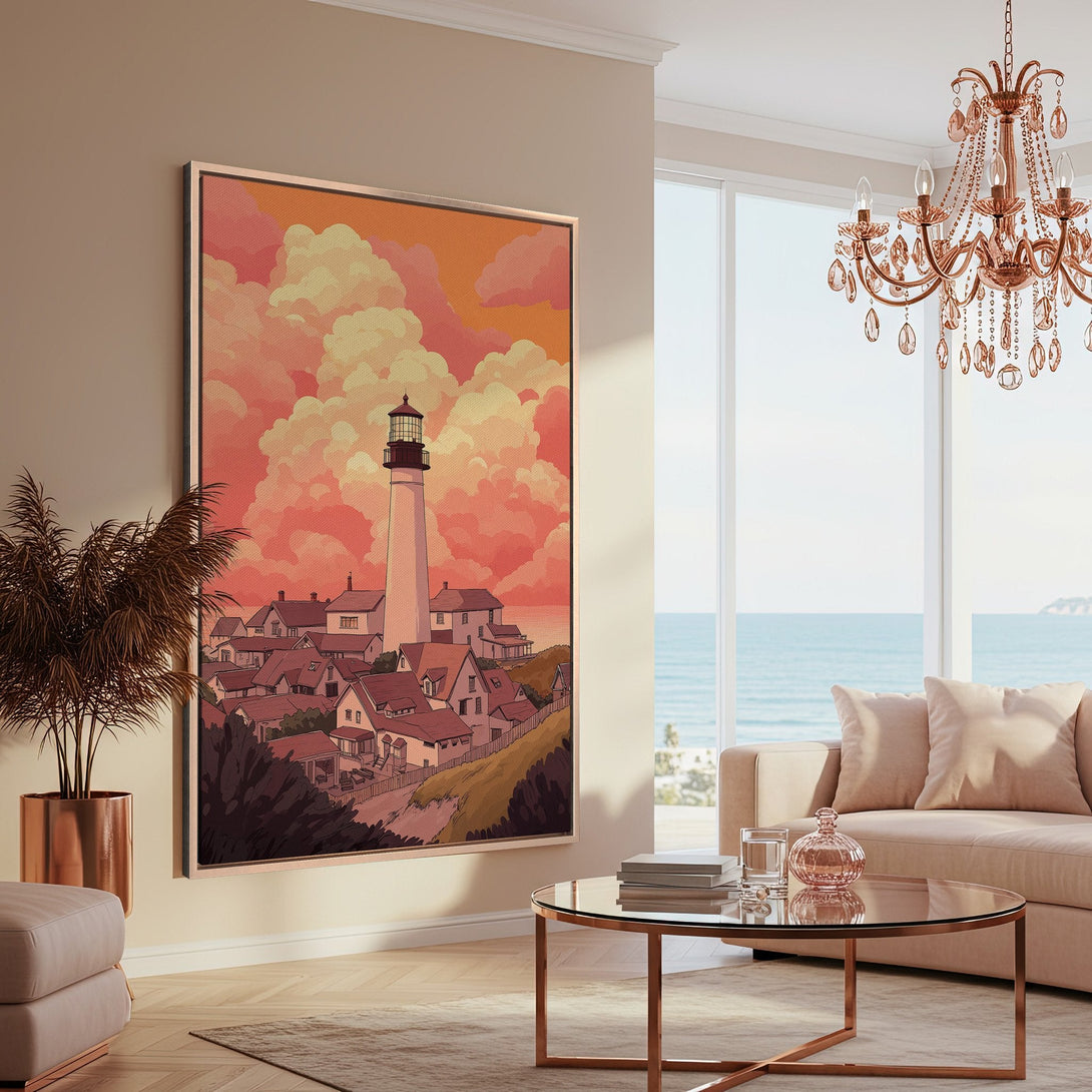 Framed Wall Art featuring a coastal lighthouse scene in warm, sunset hues. Perfect for adding a touch of serenity and style to your living space.