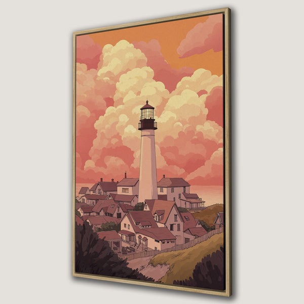 Framed Wall Art: Coastal lighthouse scene in warm sunset hues. Illustrated style Canvas Print with a charming, inviting aesthetic, perfect for any space.