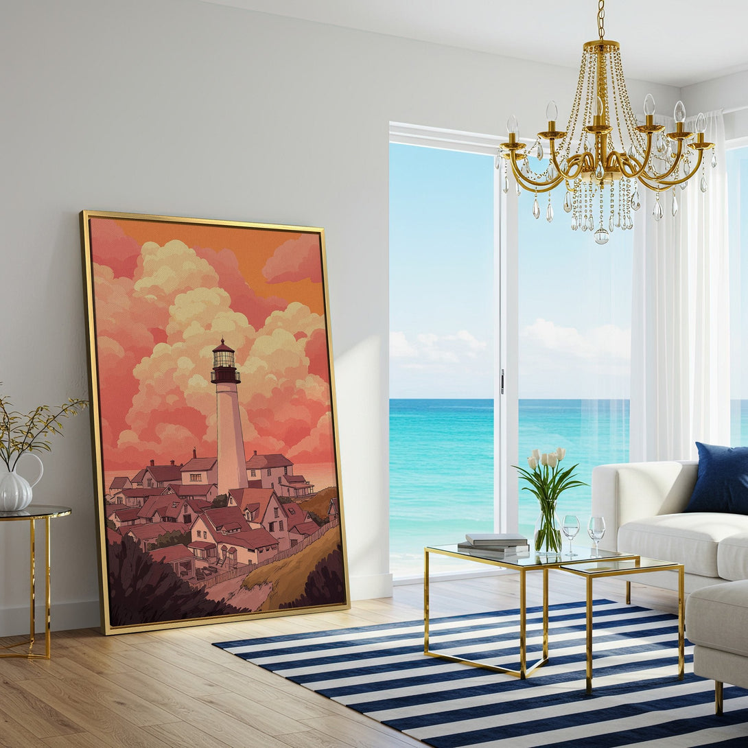Canvas Print of a lighthouse landscape in warm orange and pink tones, perfect for coastal decor. Modern art style.