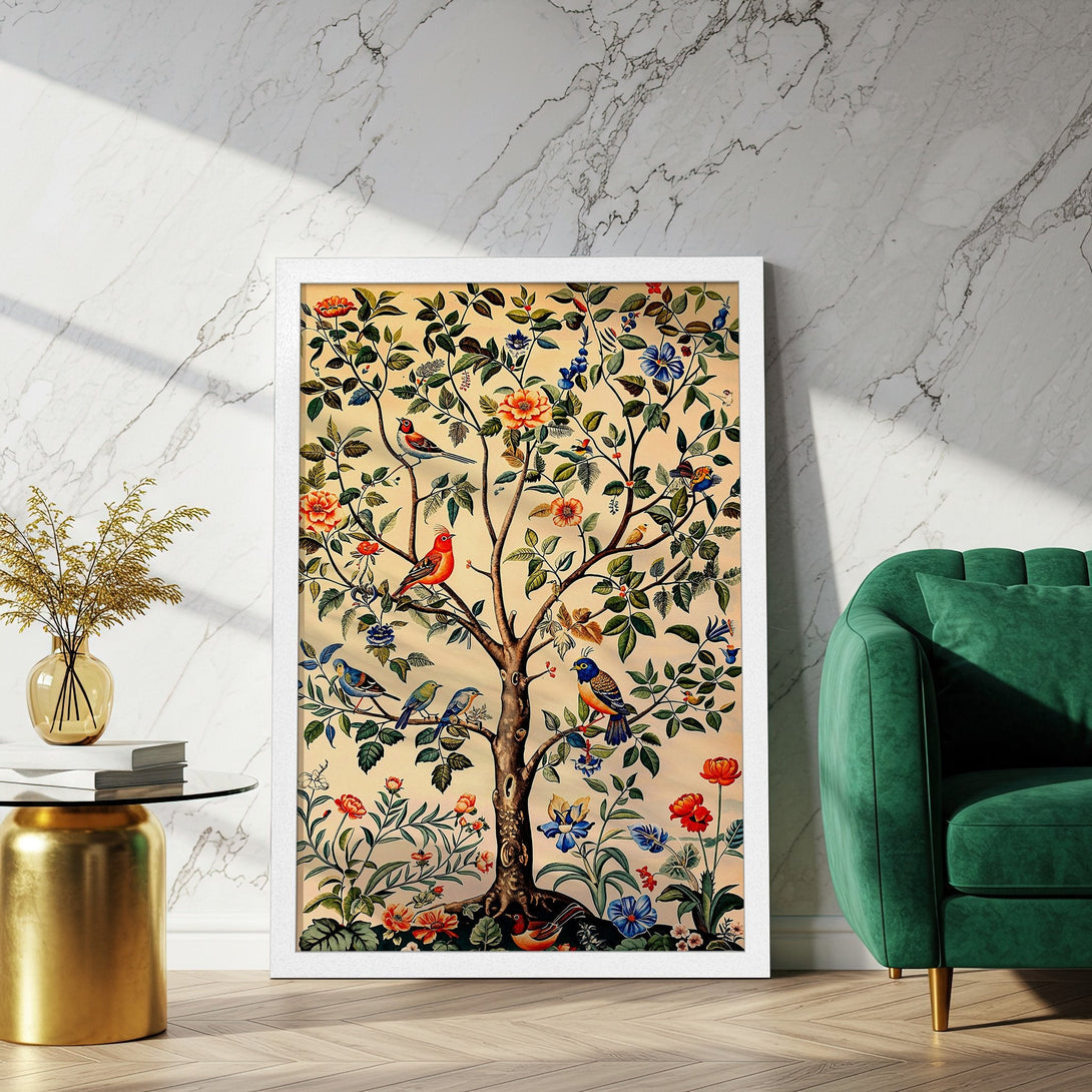 Framed Poster featuring a vibrant tree with birds and flowers, vintage botanical style, warm color palette. Perfect wall art!