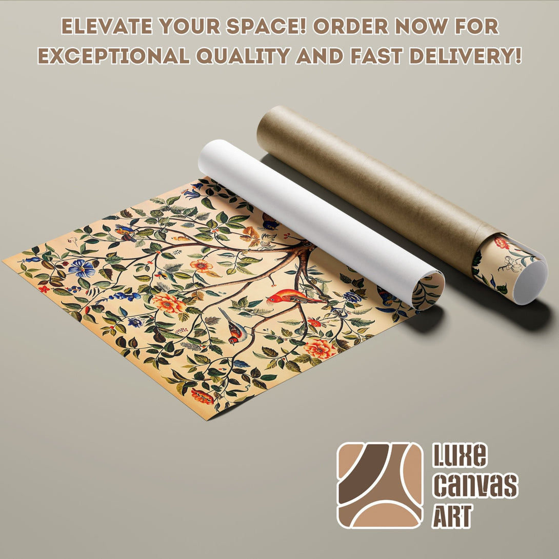 Poster Roll featuring a vintage floral and bird design, warm color palette. Elevate your space with art!