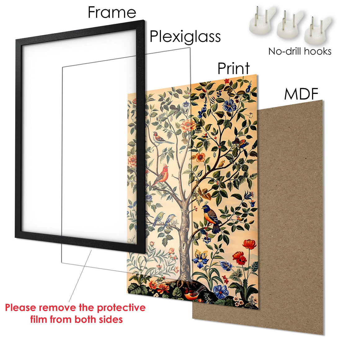 Framed Poster featuring a vibrant bird and tree design in a vintage style with a warm color palette. Perfect wall art!