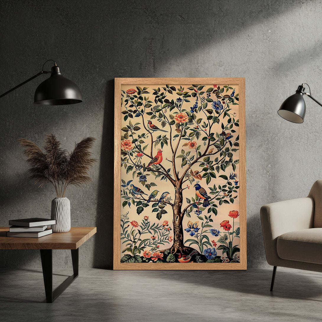 Framed Poster featuring a vibrant tree with birds, in a vintage style. Earthy tones with pops of red and blue. Perfect wall art!