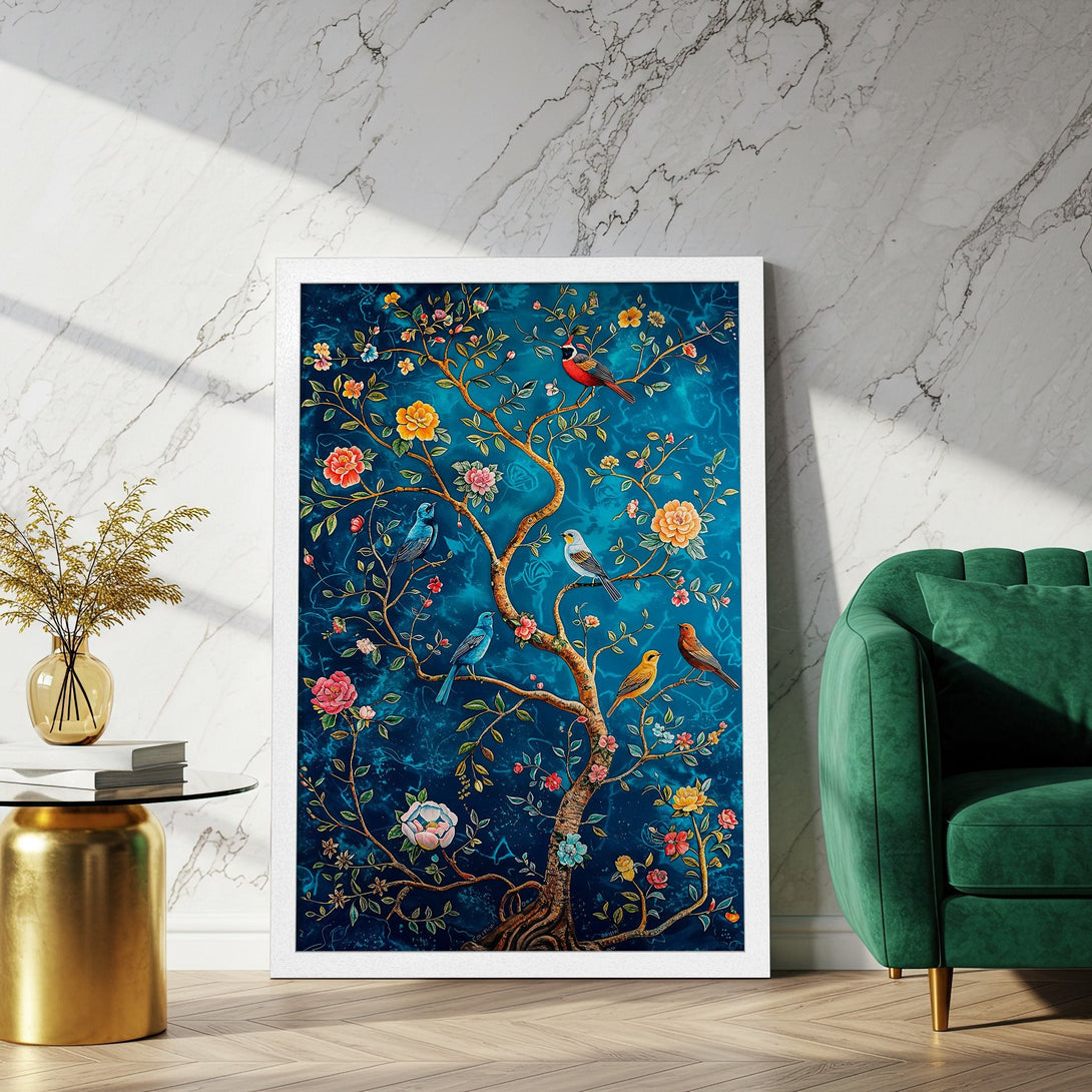 Framed Poster featuring a vibrant tree with birds and flowers, in a teal and gold color palette. Perfect wall art!