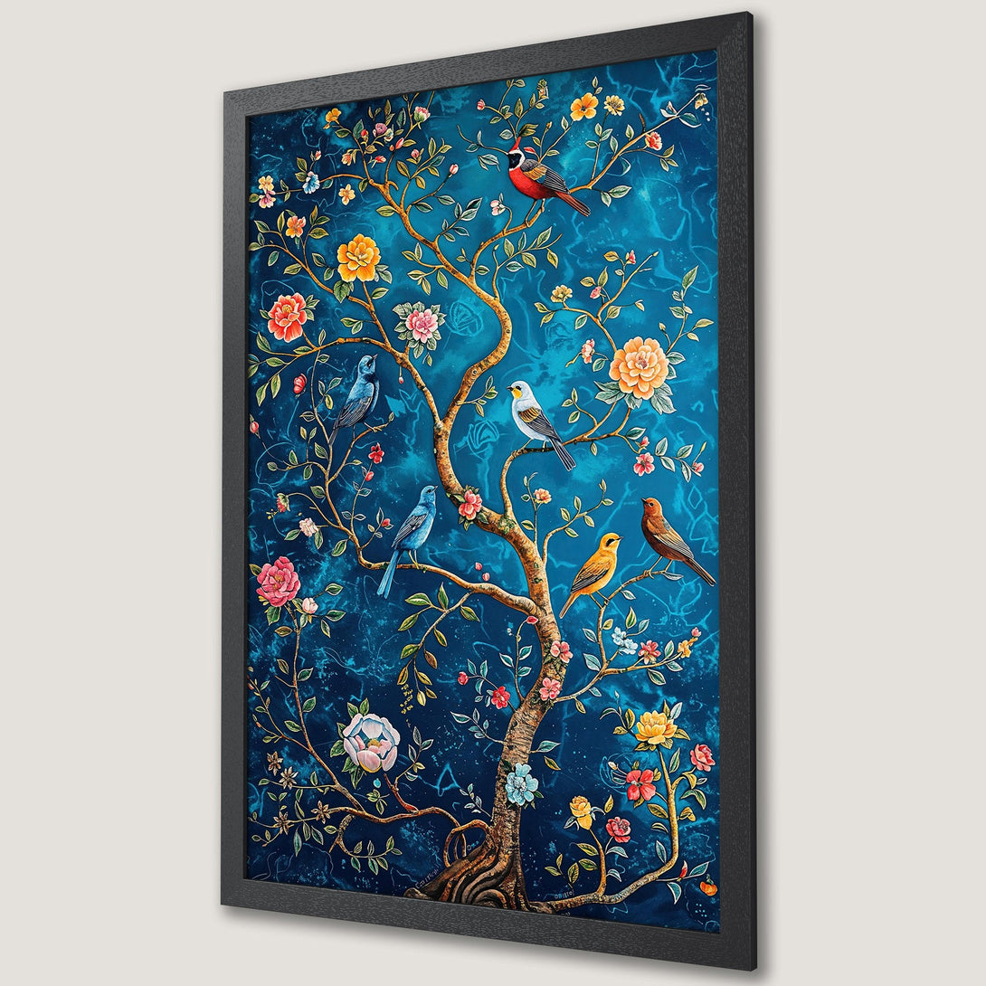 Framed Poster featuring birds on a tree with vibrant flowers, in a classic, colorful style with a blue and gold palette. Perfect wall art!