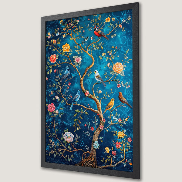 Framed Poster featuring birds on a tree with vibrant flowers, in a classic, colorful style with a blue and gold palette. Perfect wall art!