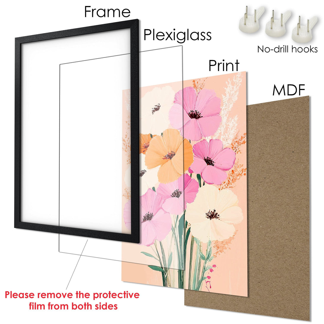 Framed Poster featuring floral art in pink, peach, and cream tones. Modern style, ready to hang!