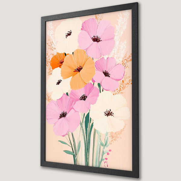 Framed Poster featuring vibrant floral art in pink, orange, and cream hues. Perfect for adding a touch of elegance to any space.