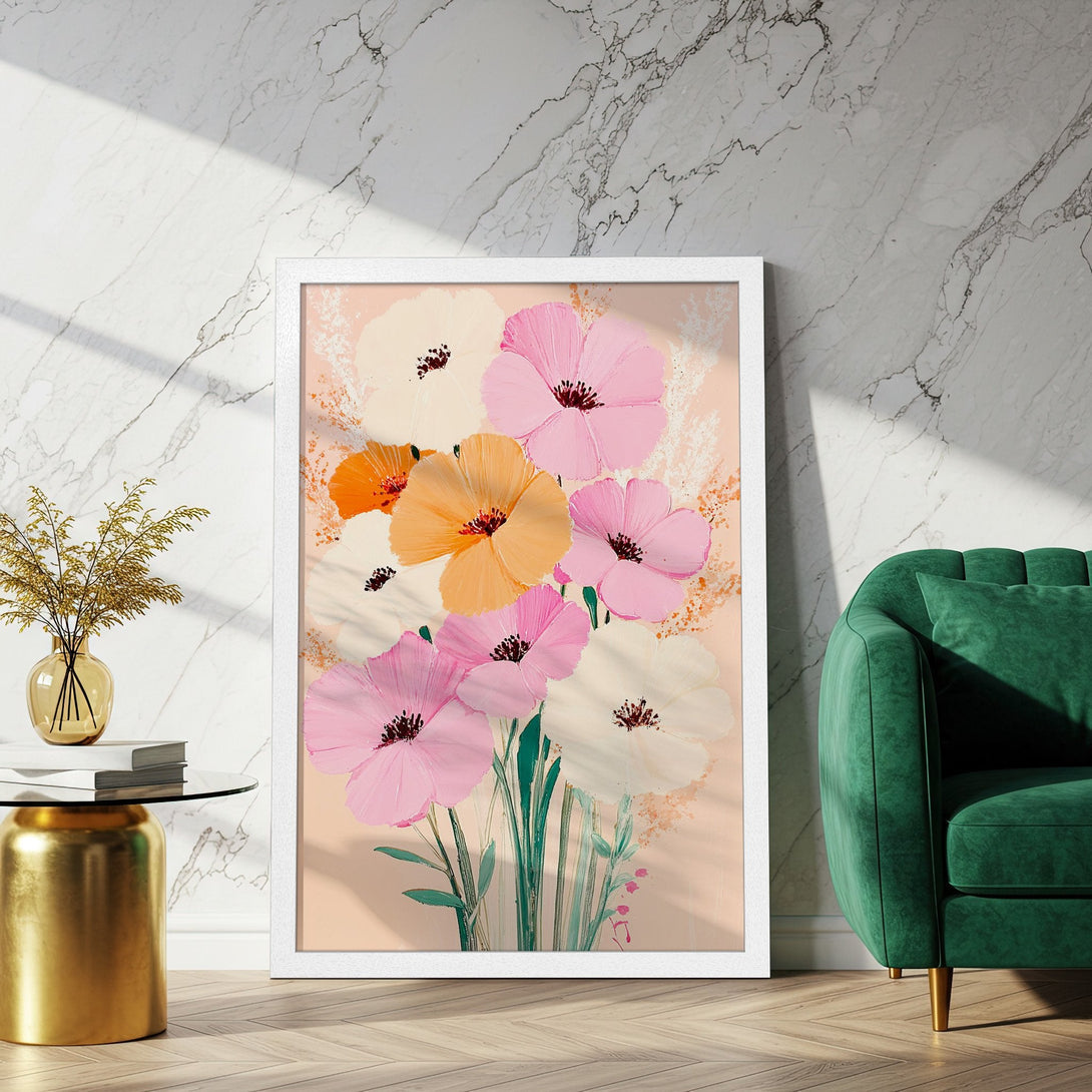 Framed Poster featuring colorful floral art in a modern style. Pink, orange, and cream hues create a vibrant and stylish aesthetic.