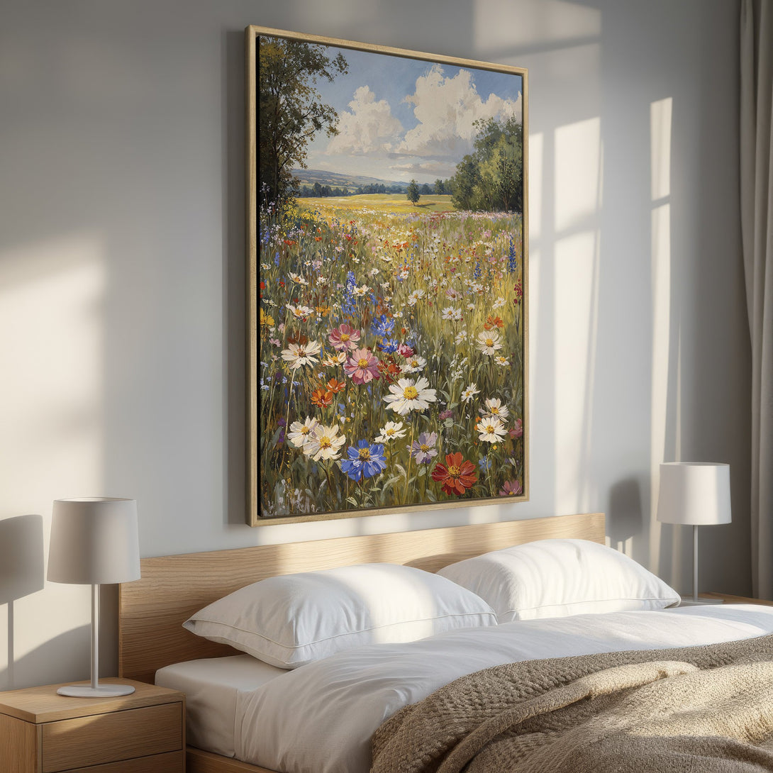 Framed Wall Art of a vibrant wildflower meadow painting, displayed in a bedroom. Features a colorful palette of blues, yellows, and greens, perfect for home decor.