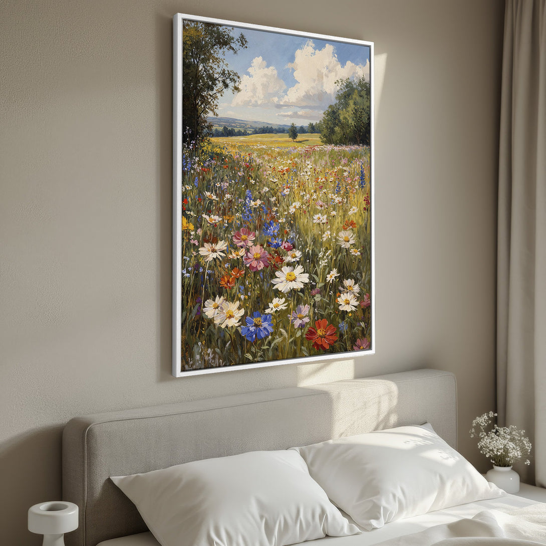 Framed Wall Art: Impressionist wildflower meadow painting with vibrant colors. Perfect for adding a touch of nature and beauty to your home decor.