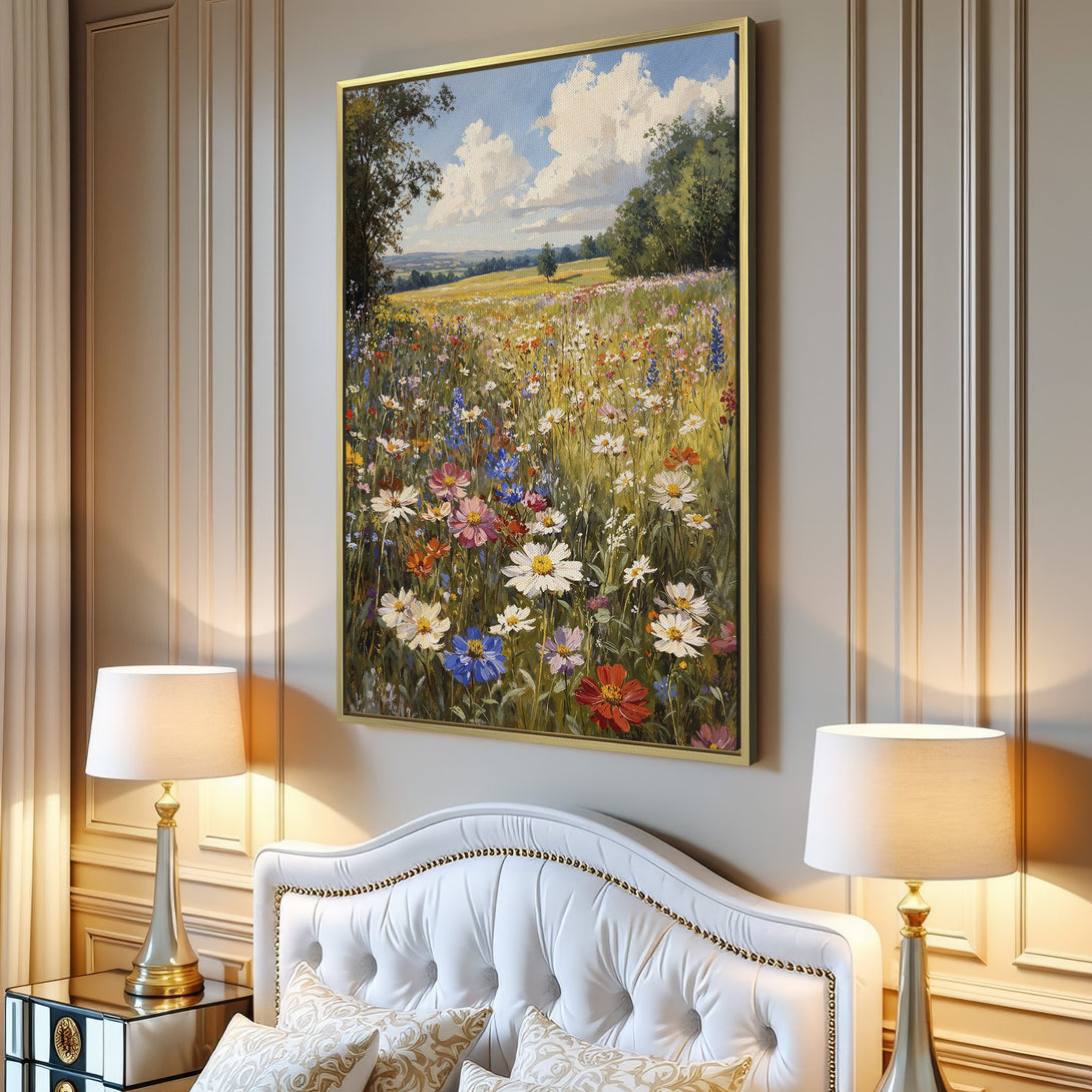 Canvas Print of a vibrant wildflower meadow painting, showcasing a colorful palette of blues, yellows, and greens in a bright living room.