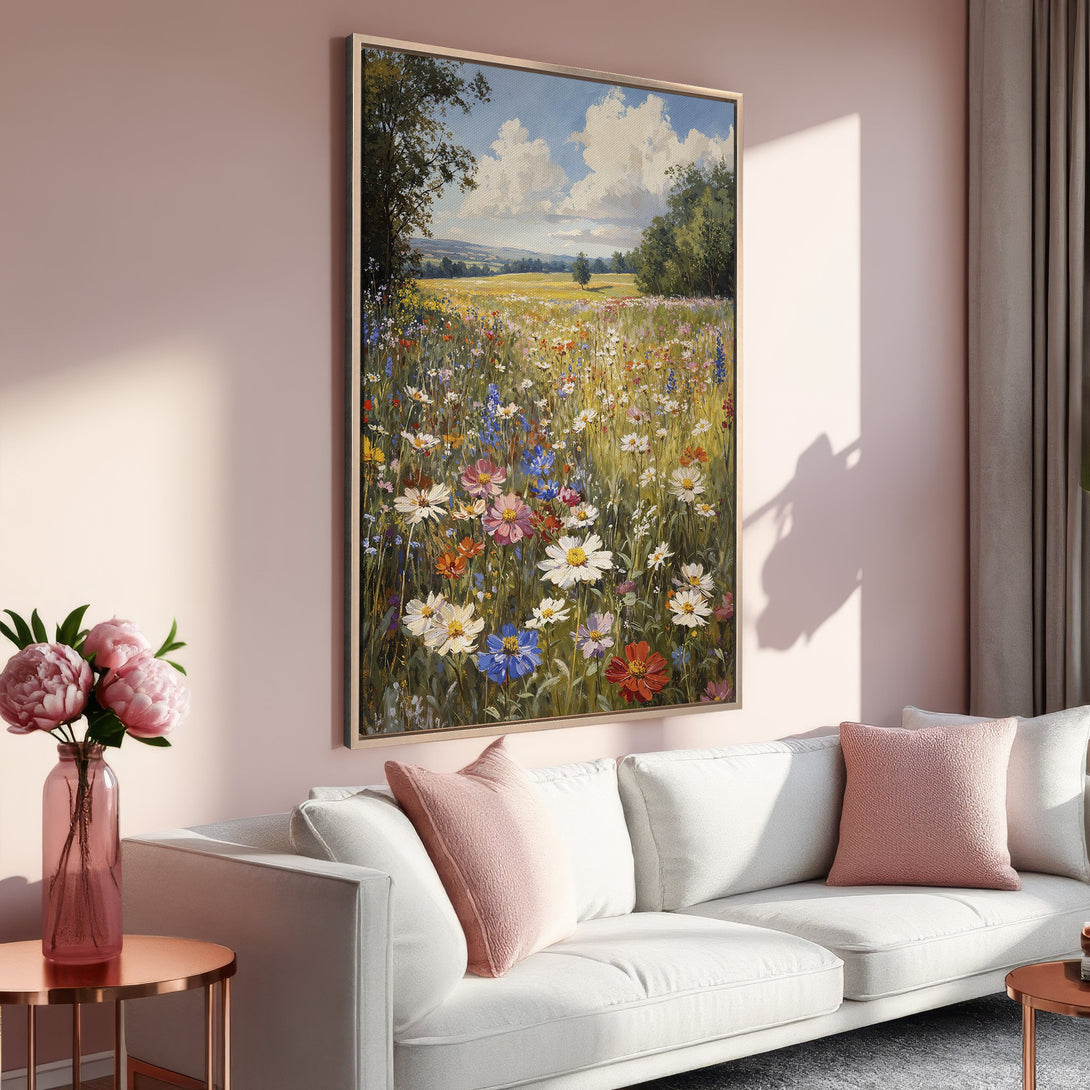Framed Wall Art: Wildflower meadow landscape painting in warm tones. Perfect for adding a touch of nature & color to your living room!