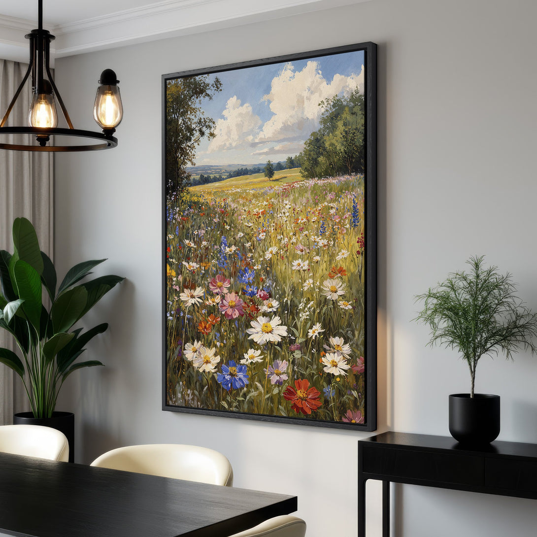Framed Wall Art featuring a vibrant field of wildflowers. Impressionistic style with a colorful palette of blues, yellows, and reds. Perfect for adding a touch of nature.