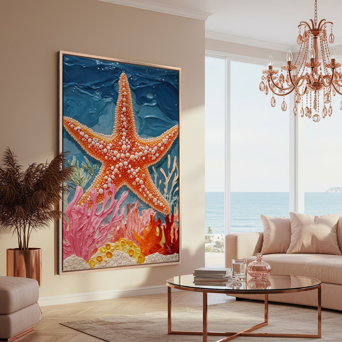Framed Wall Art: Coastal starfish painting in a modern interior. Vibrant coral reef colors with a neutral, warm palette. Bring the ocean home!