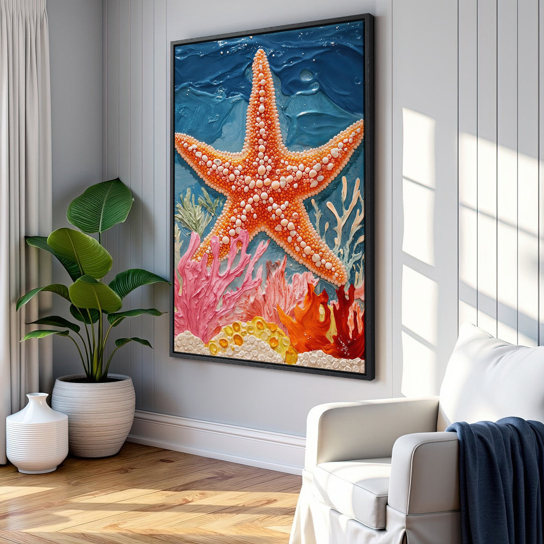 Framed Wall Art: Stunning starfish canvas print with vibrant coral reef colors. Coastal decor perfect for any home. Bring the ocean's beauty indoors!