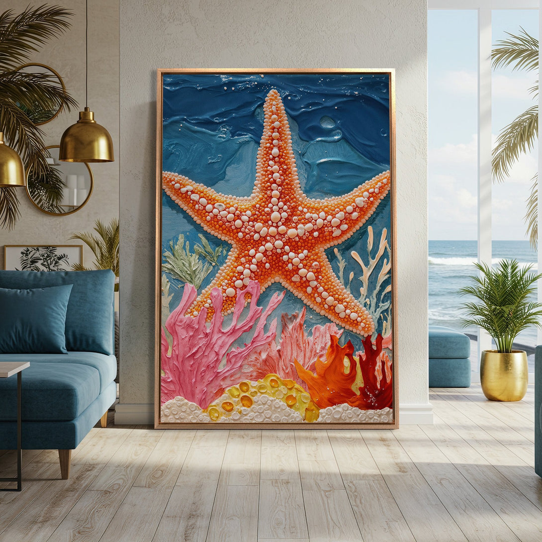 Framed Wall Art: Textured starfish painting in a coastal style with orange, blue, and coral hues, perfect for adding a touch of the ocean to your home decor.