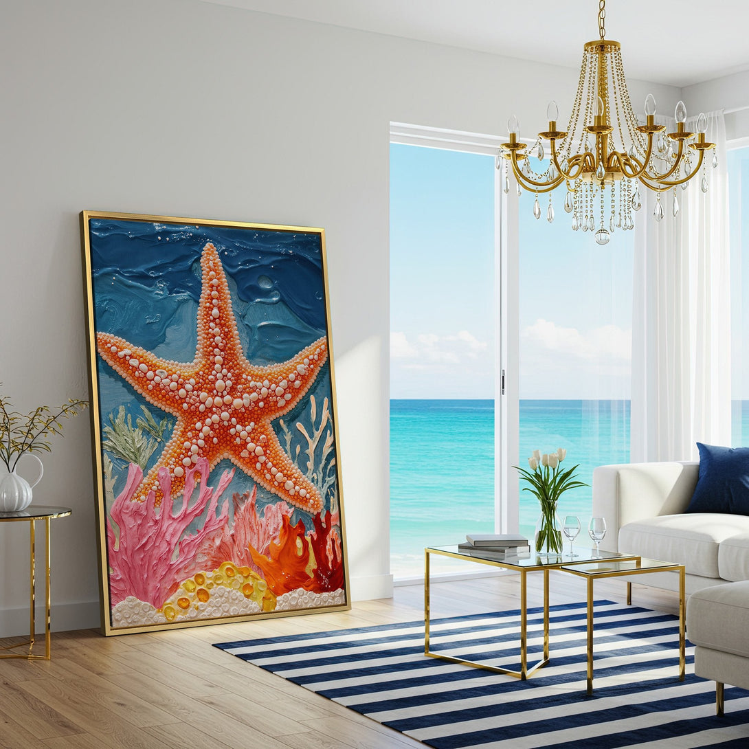 Canvas Print featuring a vibrant starfish in a coastal style. Colorful artwork with orange, blue, and coral tones, perfect for beach house decor.
