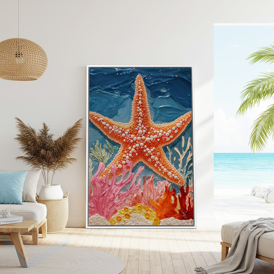 Framed Wall Art: Coastal starfish art in vibrant coral, orange, and blue hues. Textured style adds depth to this beach-themed canvas print. Perfect for any space!