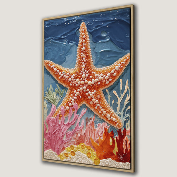 Framed Wall Art featuring a textured starfish and coral reef in a vibrant, ocean-inspired color palette. Perfect coastal decor for your home!