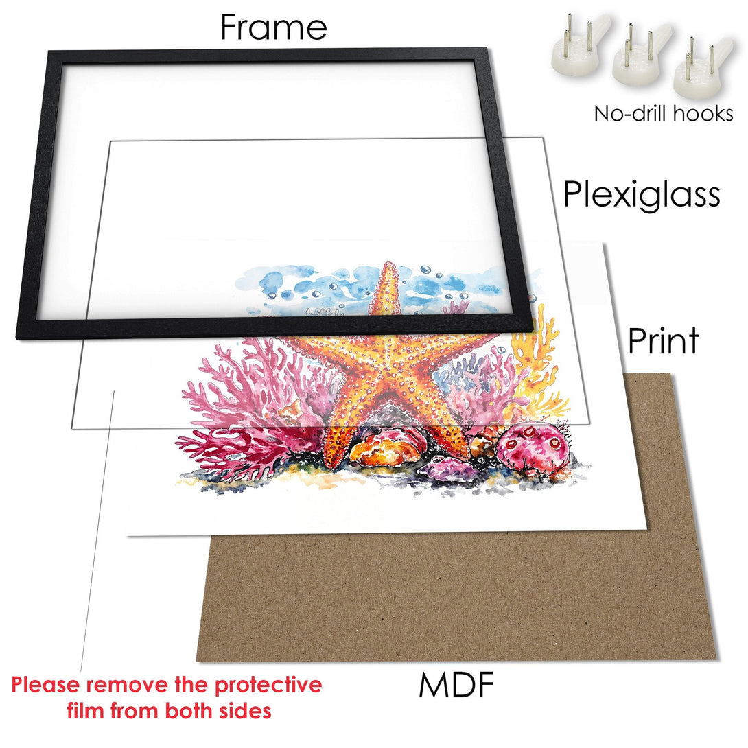 Framed Poster featuring a watercolor starfish and coral reef art. Vibrant colors and artistic style. Ready to hang!