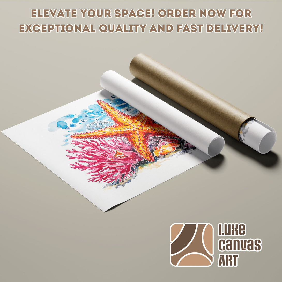 Watercolor Poster Roll featuring a starfish & coral reef. Vibrant blues, oranges & pinks. Elevate your space!