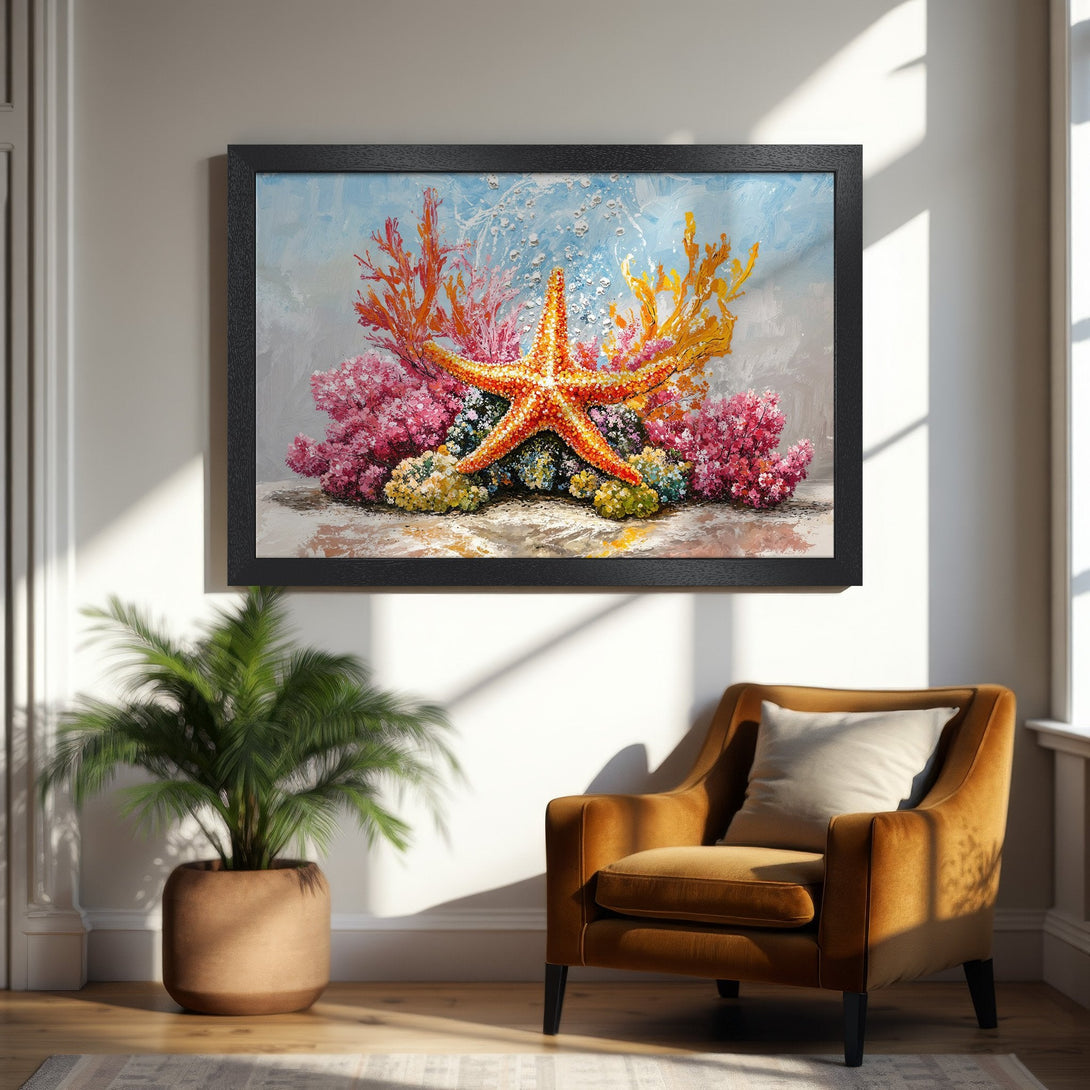 Framed Poster featuring a vibrant starfish art print in warm orange, pink, and yellow tones. Perfect for coastal decor!