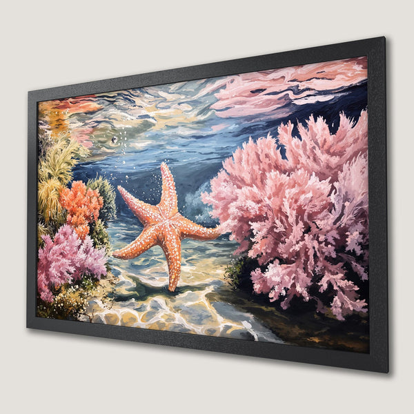 Framed Poster: Underwater starfish art print in pastel pink, orange, and blue. Coastal decor for your home.