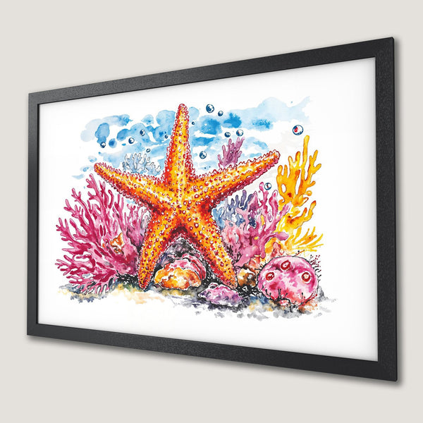 Framed Poster featuring a vibrant watercolor starfish and coral reef art. Colorful, artistic ocean scene. Perfect wall decor!