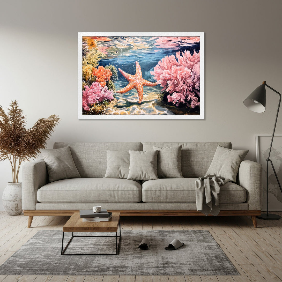 Framed Poster featuring a vibrant starfish underwater scene, painted in a realistic style. Coral and pink hues create a calming aesthetic.
