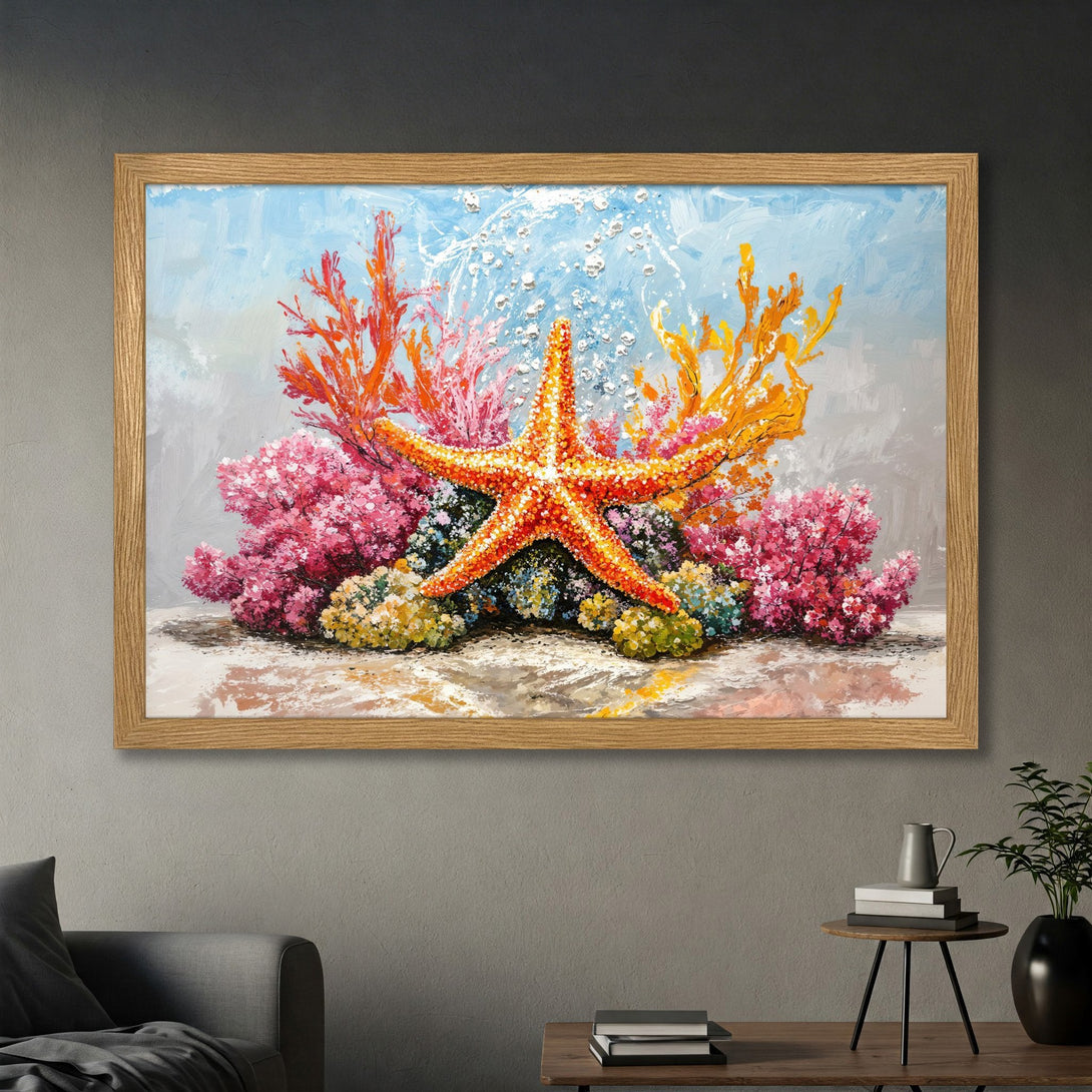Framed Poster featuring a vibrant starfish and coral reef, painted in an impressionistic style with warm orange and pink hues. Perfect wall art!