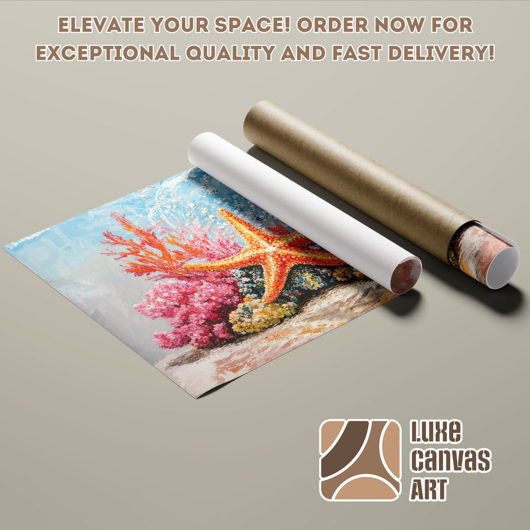 Poster Roll featuring an ocean scene with starfish, vibrant colors, and an artistic style. Order yours today!