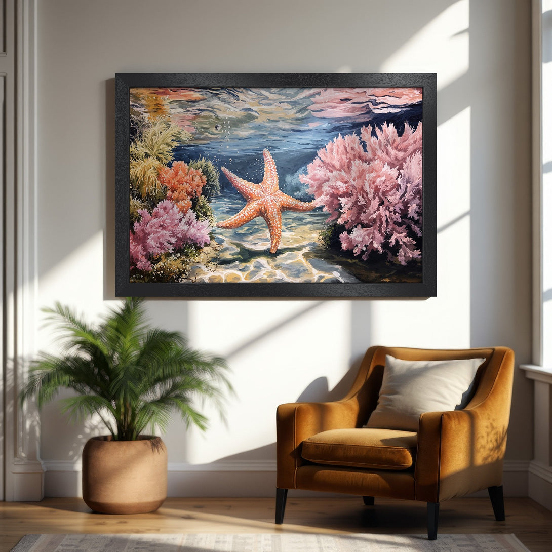 Framed Poster of a starfish underwater in a vibrant coral reef, painted in a realistic style with pink, orange, and blue hues.