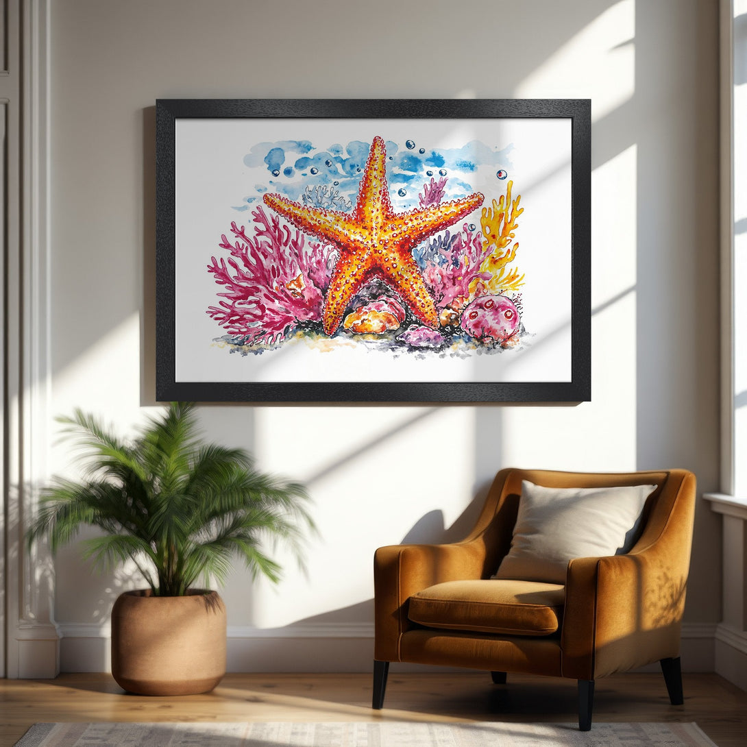 Framed Poster featuring a vibrant watercolor starfish and coral reef art. Coastal decor with warm orange, pink, and blue hues.
