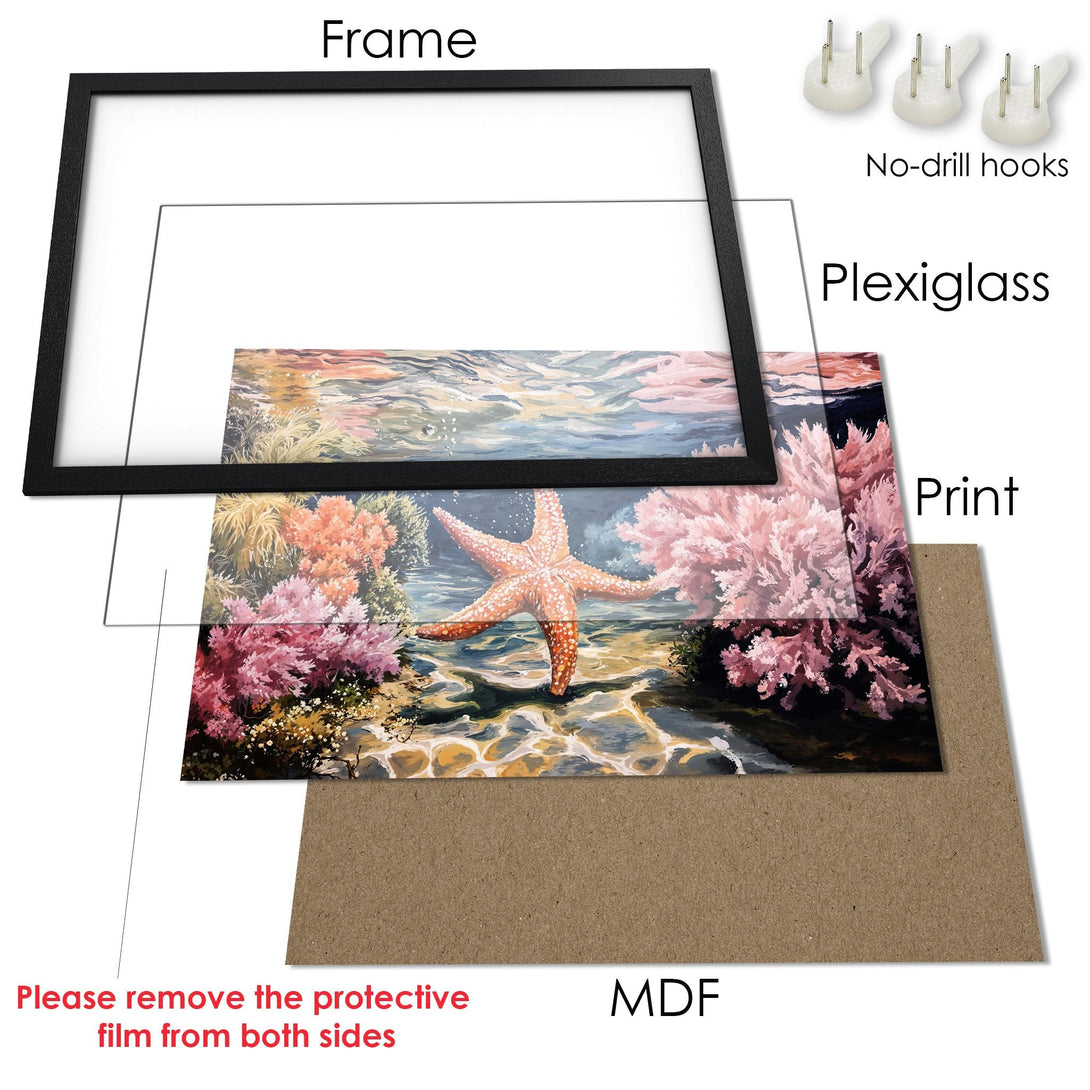 Framed Poster featuring a starfish in an ocean scene, painted in a vibrant, warm color palette. Perfect wall art!