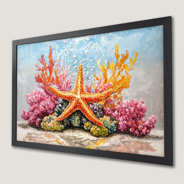 Framed Poster featuring a vibrant starfish and coral reef in an impressionistic style with a warm, colorful palette. Perfect ocean wall art.