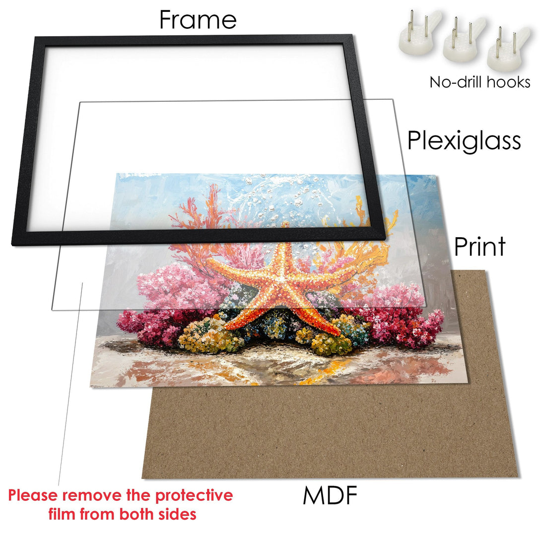 Framed Poster featuring an ocean scene with a starfish, vibrant colors, and an impressionistic style. Perfect wall art!
