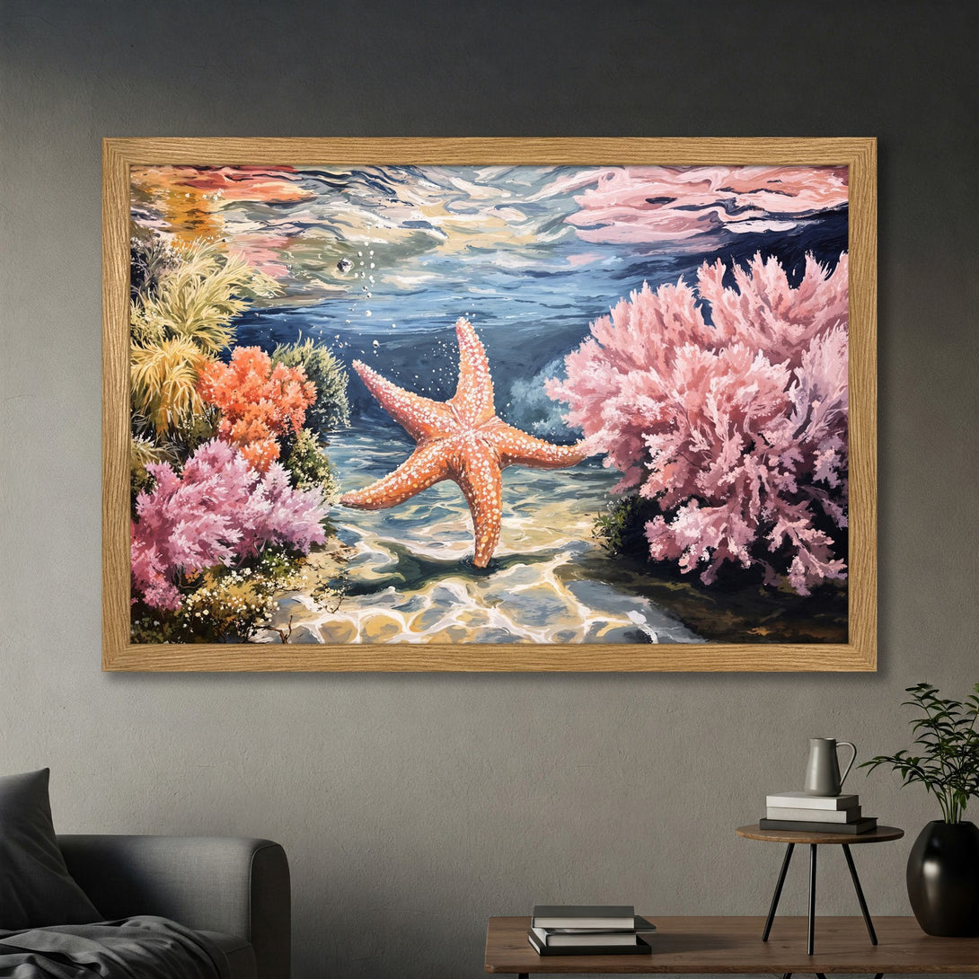 Framed Poster of a vibrant underwater scene with a starfish, coral, and a warm color palette. Perfect wall art!